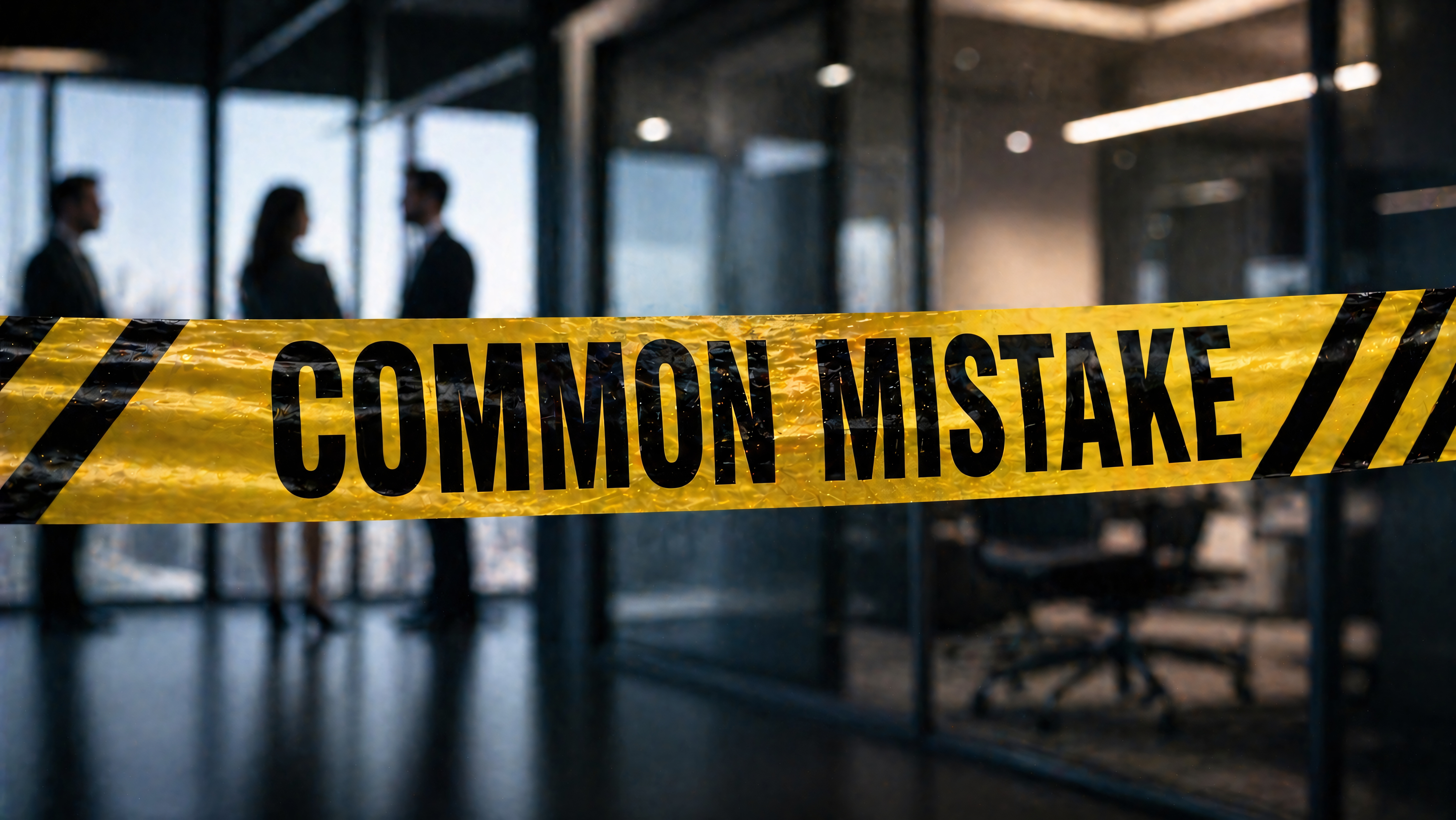 business professionals in dark boardroom behind yellow tape with "common mistake" text